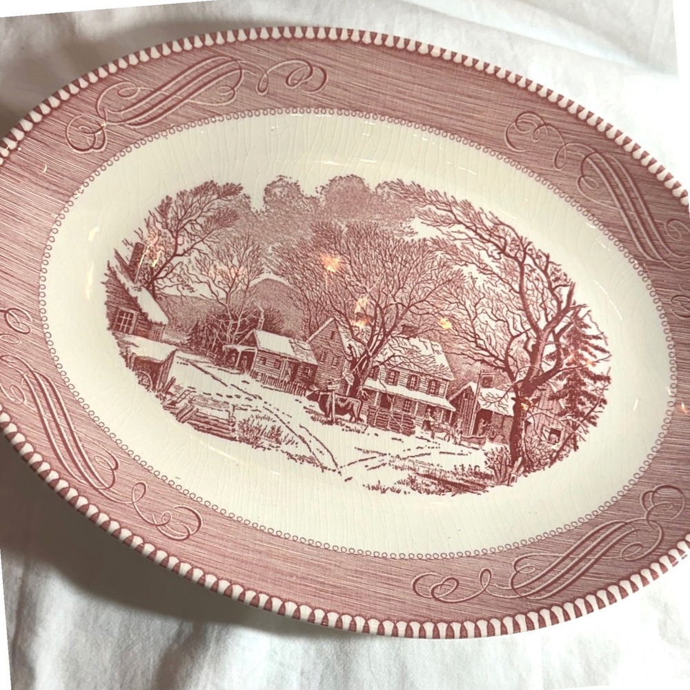 Royal Currier & Ives Serving Platter Pink Fair Old Grist Mill Winter Scene 12.5"